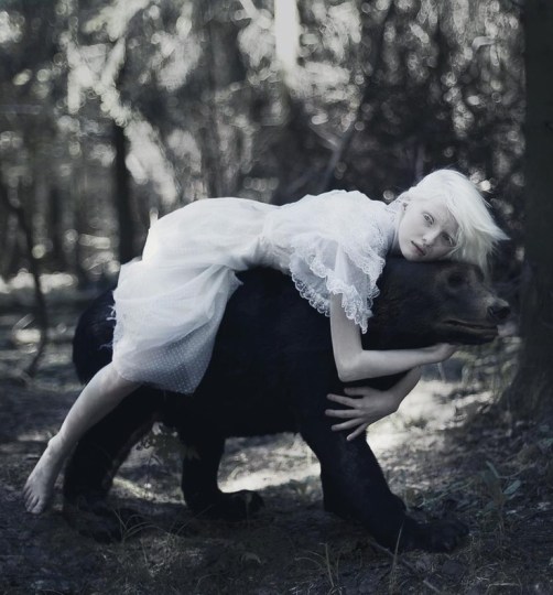 albino girl with bear